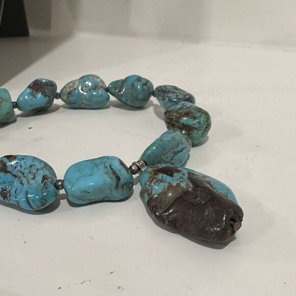 Vtg Native American Turquoise Boulder Nugget Necklace Sterling Silver W Heshi - Picture 4 of 10